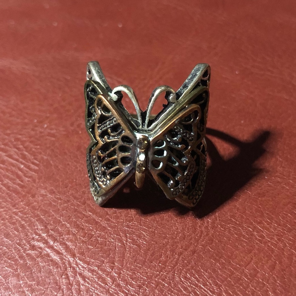 Antique vintage rose pink and silver tone butterfly ring.